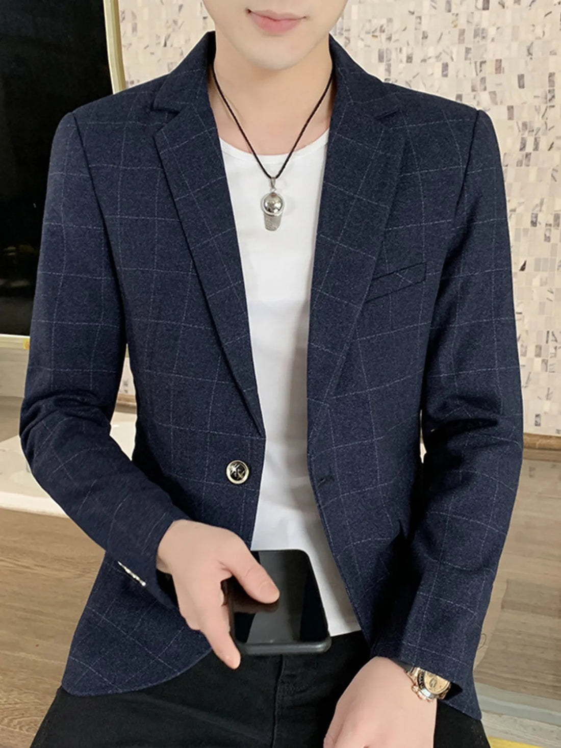 Men's Plus Size Slim Fit Plaid Pattern Blazer - cas7m