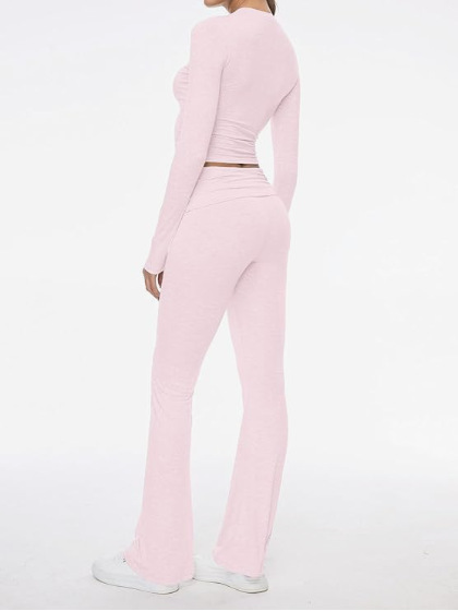 Women's Round Neck Bell-Bottom Pants Suit - cas7m