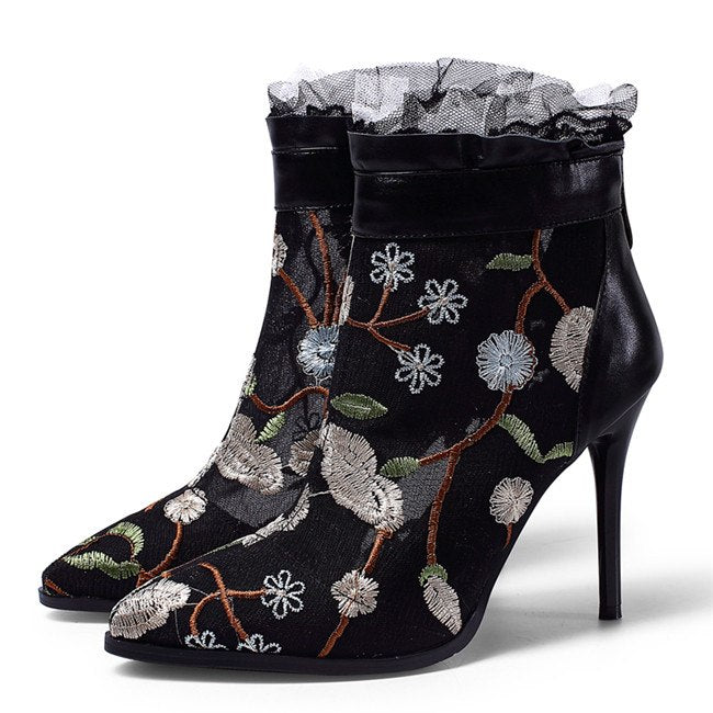 Pointed Toe High Heels with Embroidered Mesh Boots