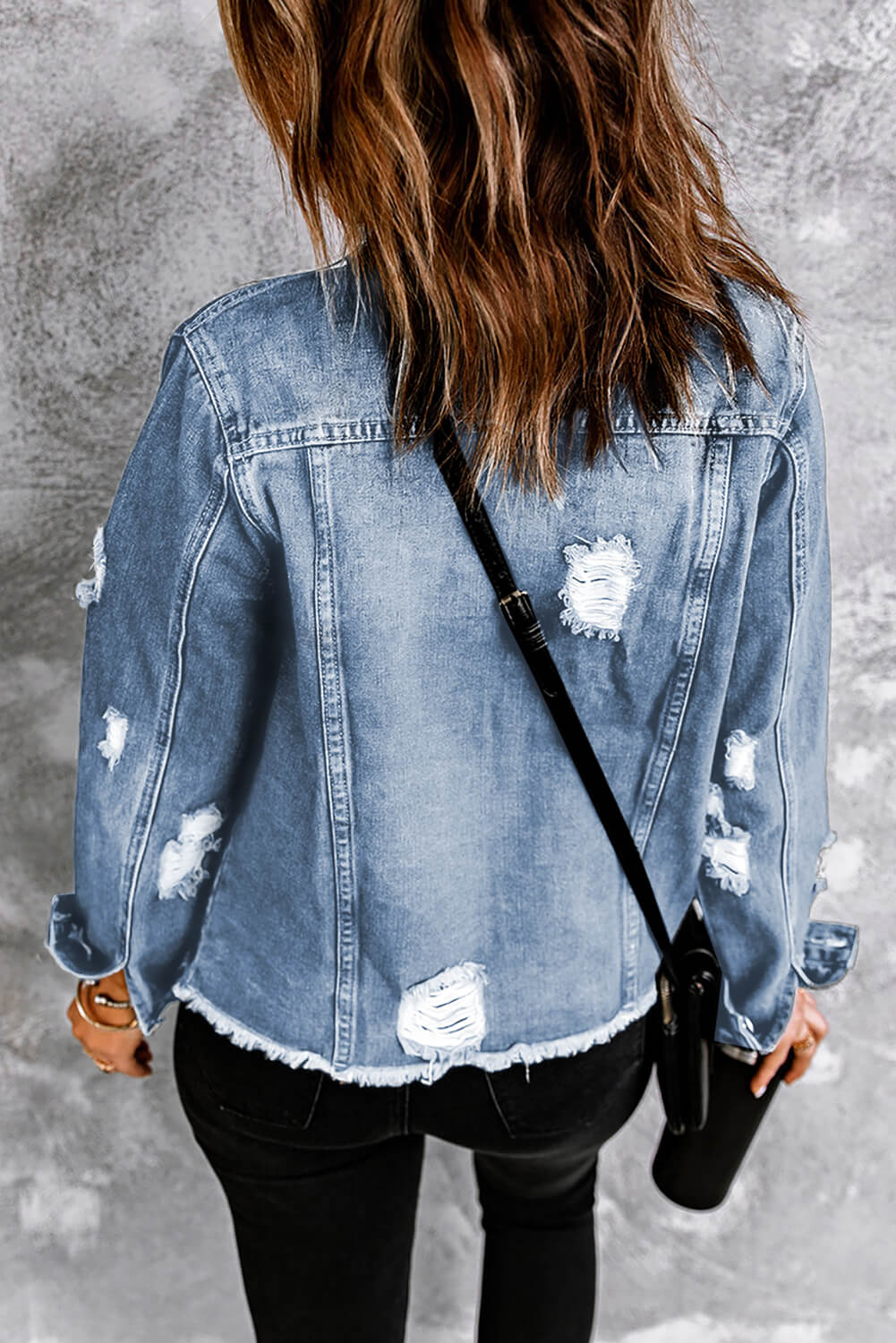 Distressed Raw Hem Buttons Denim Jacket - cas7m
