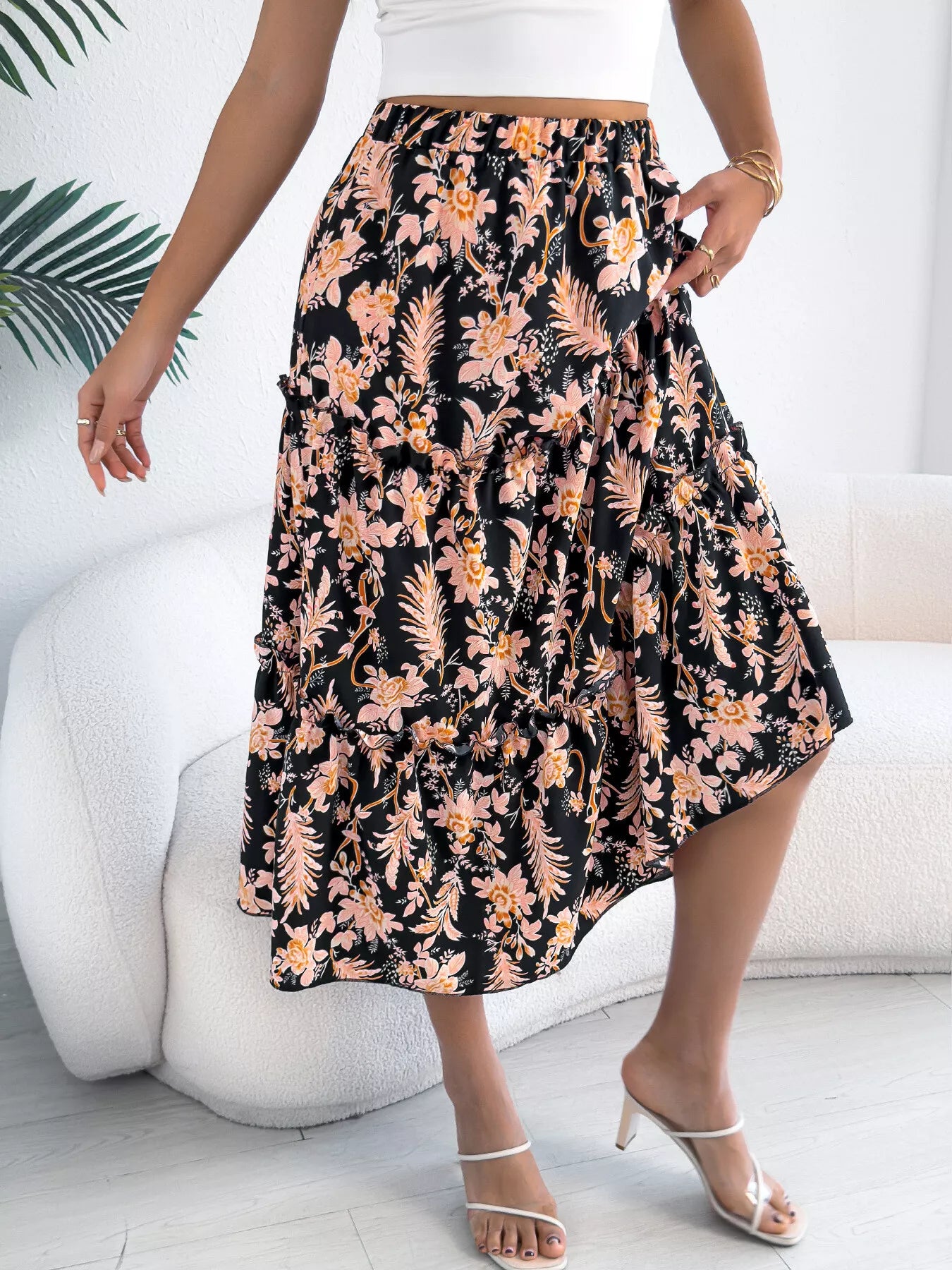 Floral Print Ruffle Hem Flowy Midi Skirt - cas7m