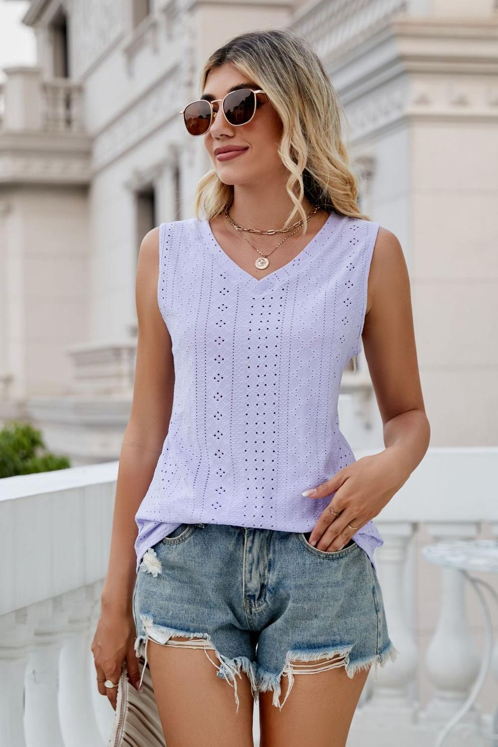 Eyelet V-Neck Tank - cas7m