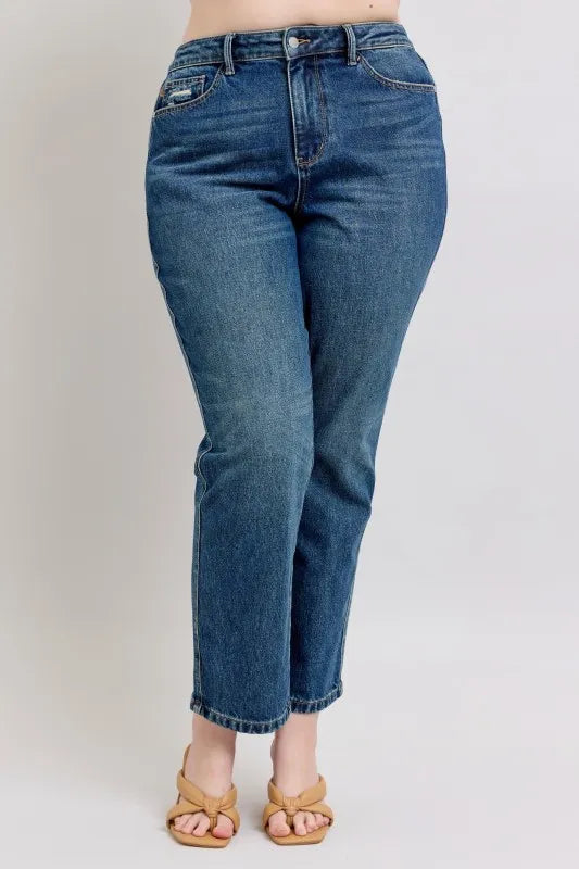 Judy Blue Full Size High Waisted Rigid Magic Non-destroy Straight Leg Jeans Plus Size - cas7m