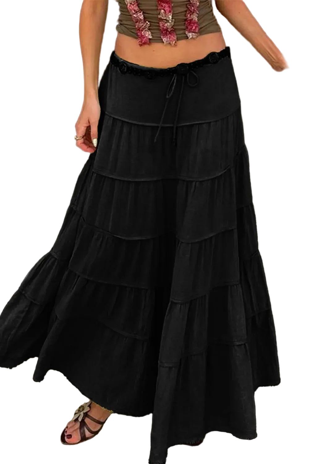 Bohemian Tiered Maxi Skirt with Drawstring Waist - cas7m