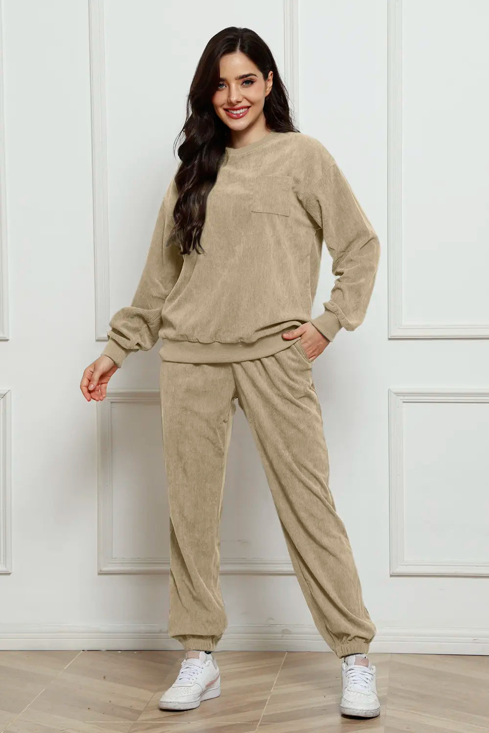 Corduroy Round Neck Sweatshirt and Sweatpants Set - cas7m