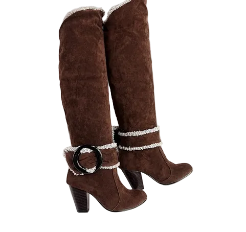Brown suede knee-high boots with a decorative buckle on a white background