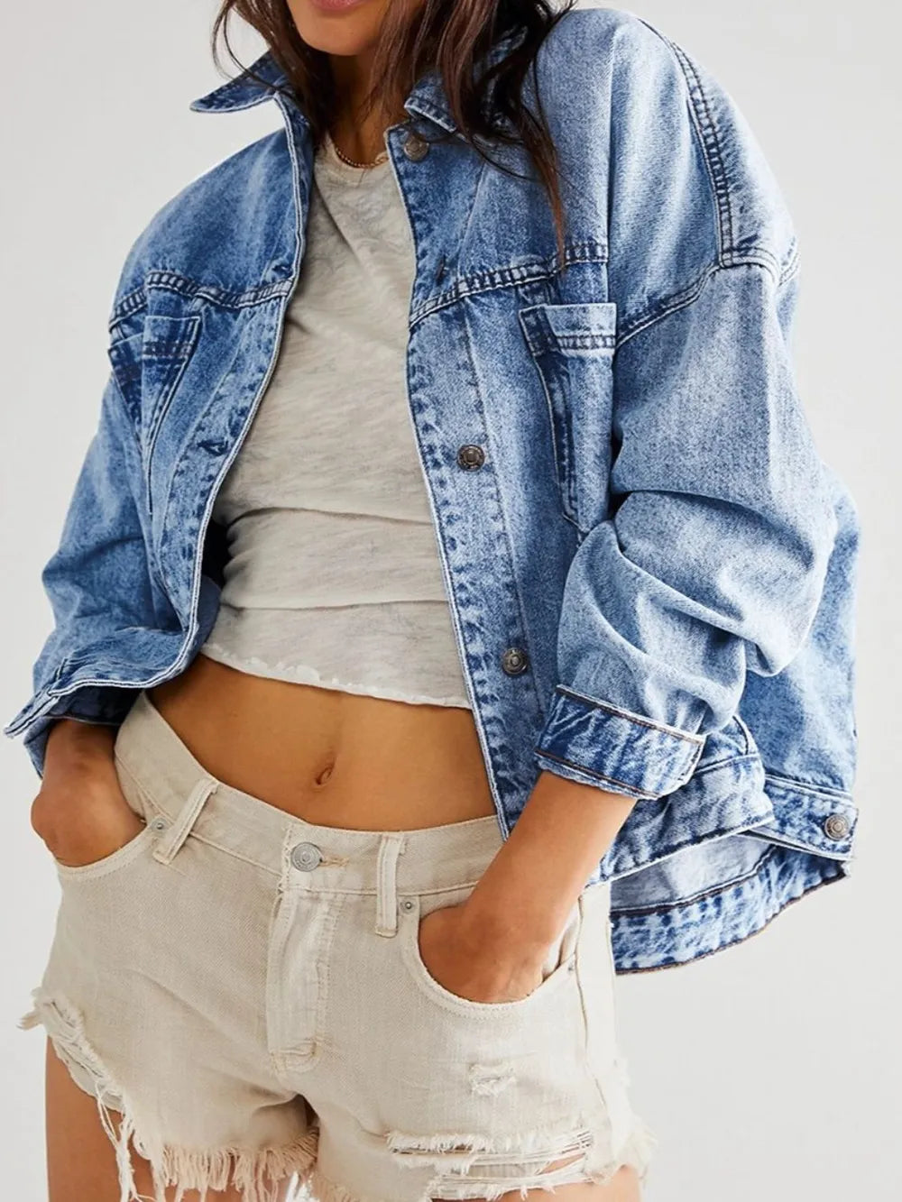Pocketed Button Up Denim Jacket - cas7m