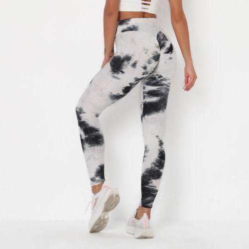 Textured Ruched Bum Gym Leggings - White with Blue/Black. - cas7m