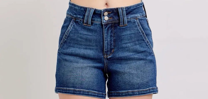 High-Waist Double-Button Denim Shorts - Stylish & Comfortable Fit - cas7m