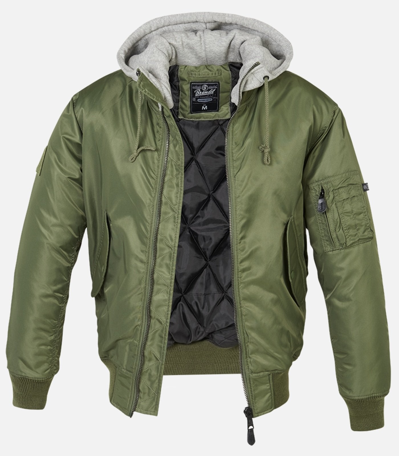 The Callisto Hooded MA1 Bomber Jacket features olive green fabric, a gray hood, ribbed cuffs and hem, zip front, black quilted lining, and a zippered sleeve pocket. Wind and water repellent. Shown on a plain white background.