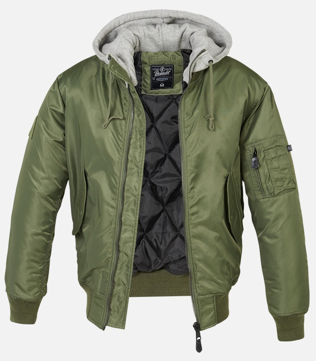 The Callisto Hooded MA1 Bomber Jacket features olive green fabric, a gray hood, ribbed cuffs and hem, zip front, black quilted lining, and a zippered sleeve pocket. Wind and water repellent. Shown on a plain white background.
