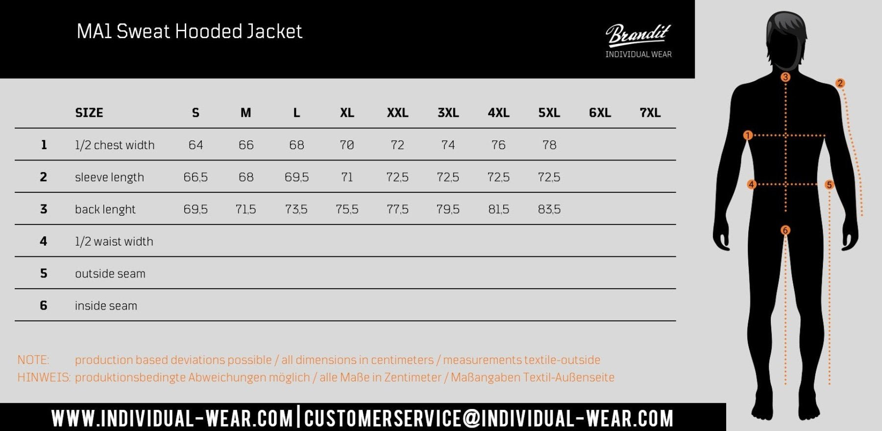 Size chart for the Hooded MA1 Bomber Jacket by Callisto, with wind- and water-repellent fabric and warm lining. Measurements (sizes S–7XL) in centimeters are shown, plus a silhouette highlighting key body measurement points.