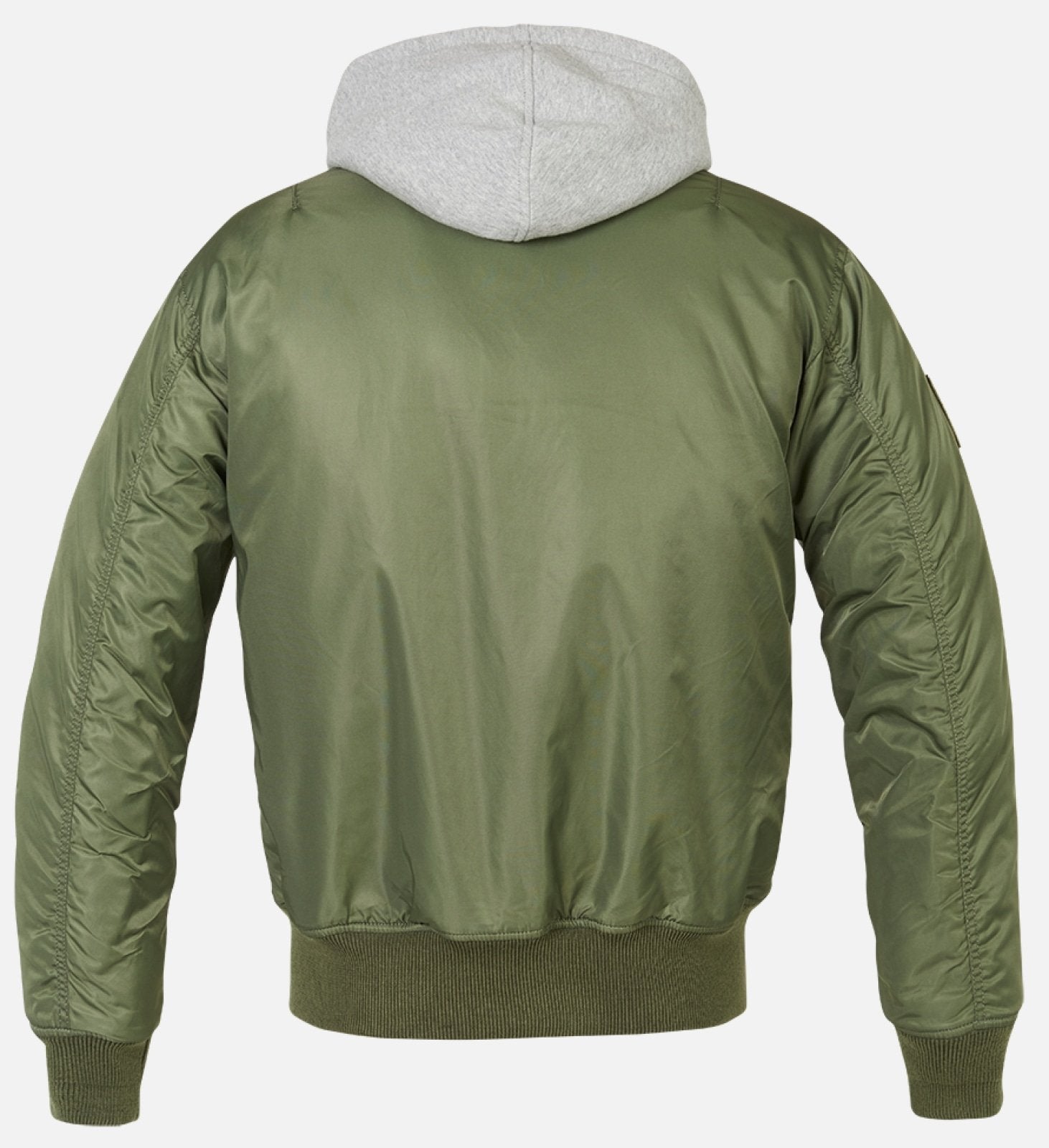 The Callisto Hooded MA1 Bomber Jacket in green, shown from the back, features a gray hood, ribbed cuffs and hem, smooth slightly shiny fabric with visible arm stitching, and is wind- and water-repellent.