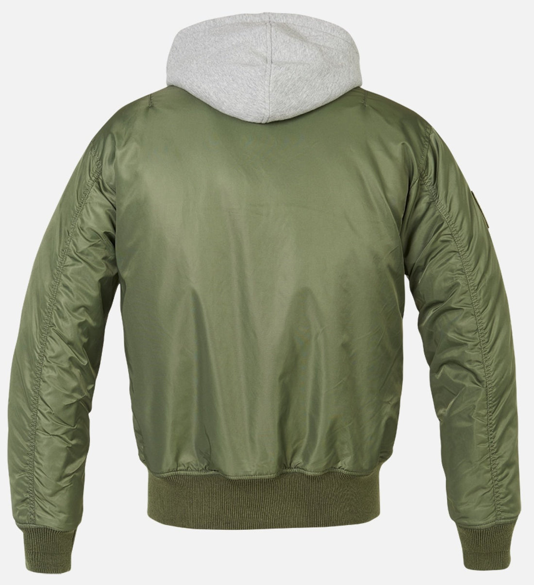 The Callisto Hooded MA1 Bomber Jacket in green, shown from the back, features a gray hood, ribbed cuffs and hem, smooth slightly shiny fabric with visible arm stitching, and is wind- and water-repellent.