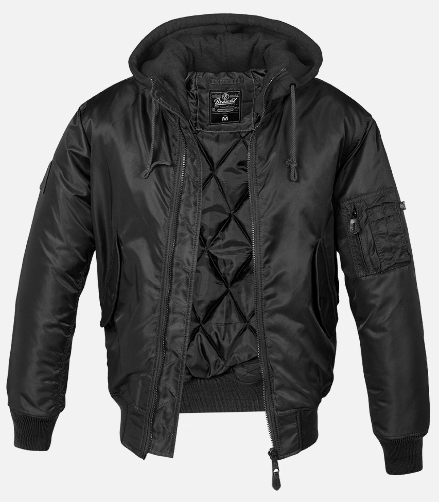 The Callisto Hooded MA1 Bomber Jacket features a black design with a hood, front zipper, ribbed cuffs and hem, side pockets, a zippered sleeve pocket, quilted lining for warmth, and wind- and water-repellent fabric for protection.