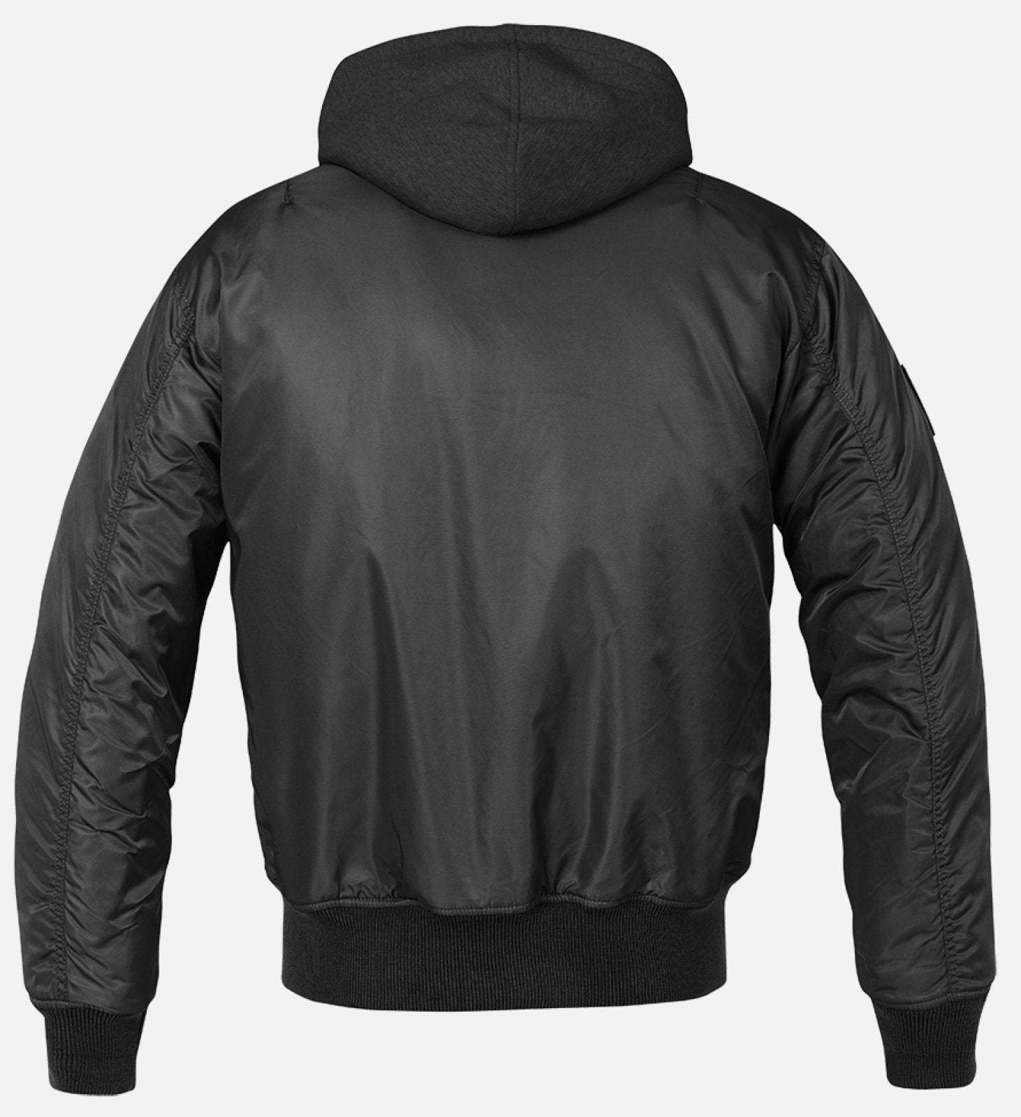 Back view of the Callisto Hooded MA1 Bomber Jacket in black, featuring a hood, ribbed cuffs and waistband. Its smooth, shiny fabric is wind- and water-repellent with stylish stitching details on the sleeves and back.