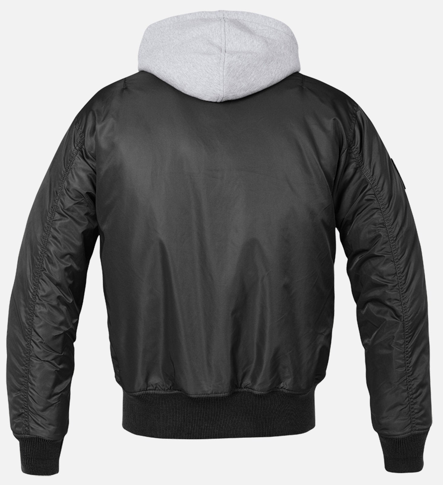 A back view of the Callisto Hooded MA1 Bomber Jacket in black, featuring a light gray hood, ribbed cuffs and waistband, wind- and water-repellent fabric, and warm lining, shown against a plain white background.