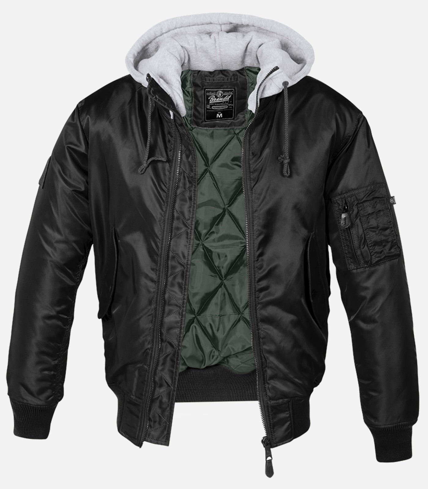 The Callisto Hooded MA1 Bomber Jacket features a black exterior, gray hood, quilted lining, front zip, zippered side and sleeve pockets, ribbed cuffs and hem. Wind and water repellent. Shown on a plain background.
