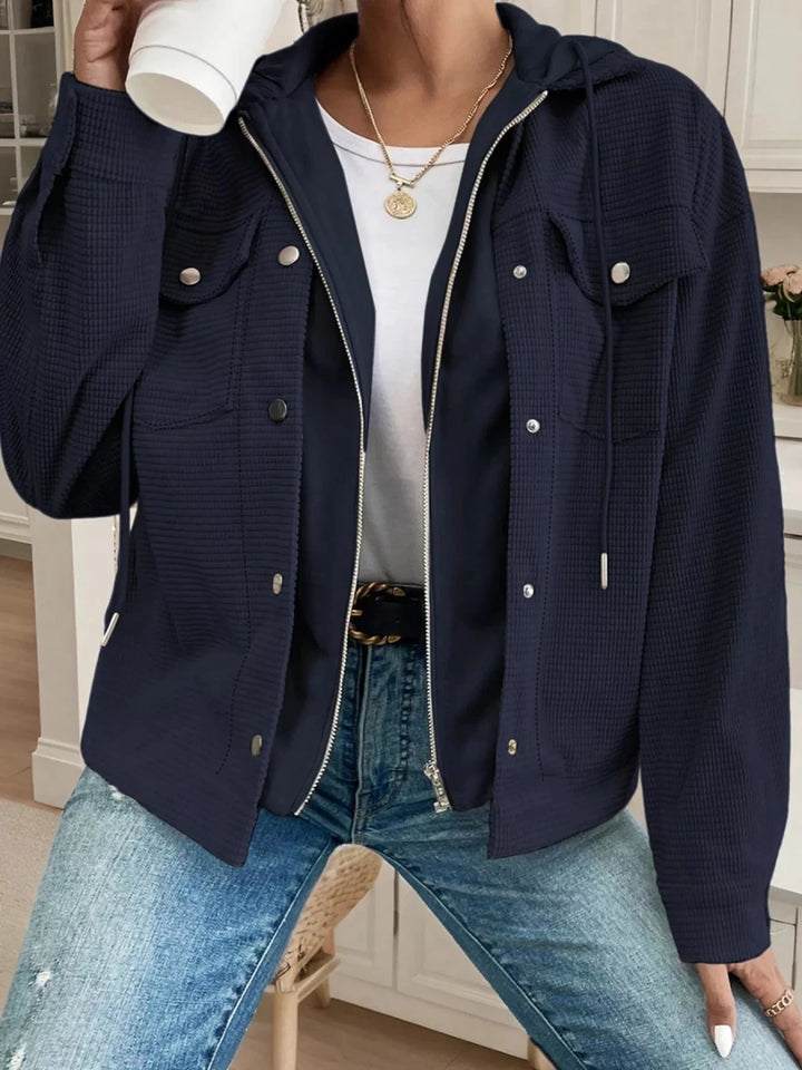 Hooded Waffle Knit Zip-Up Jacket - cas7m