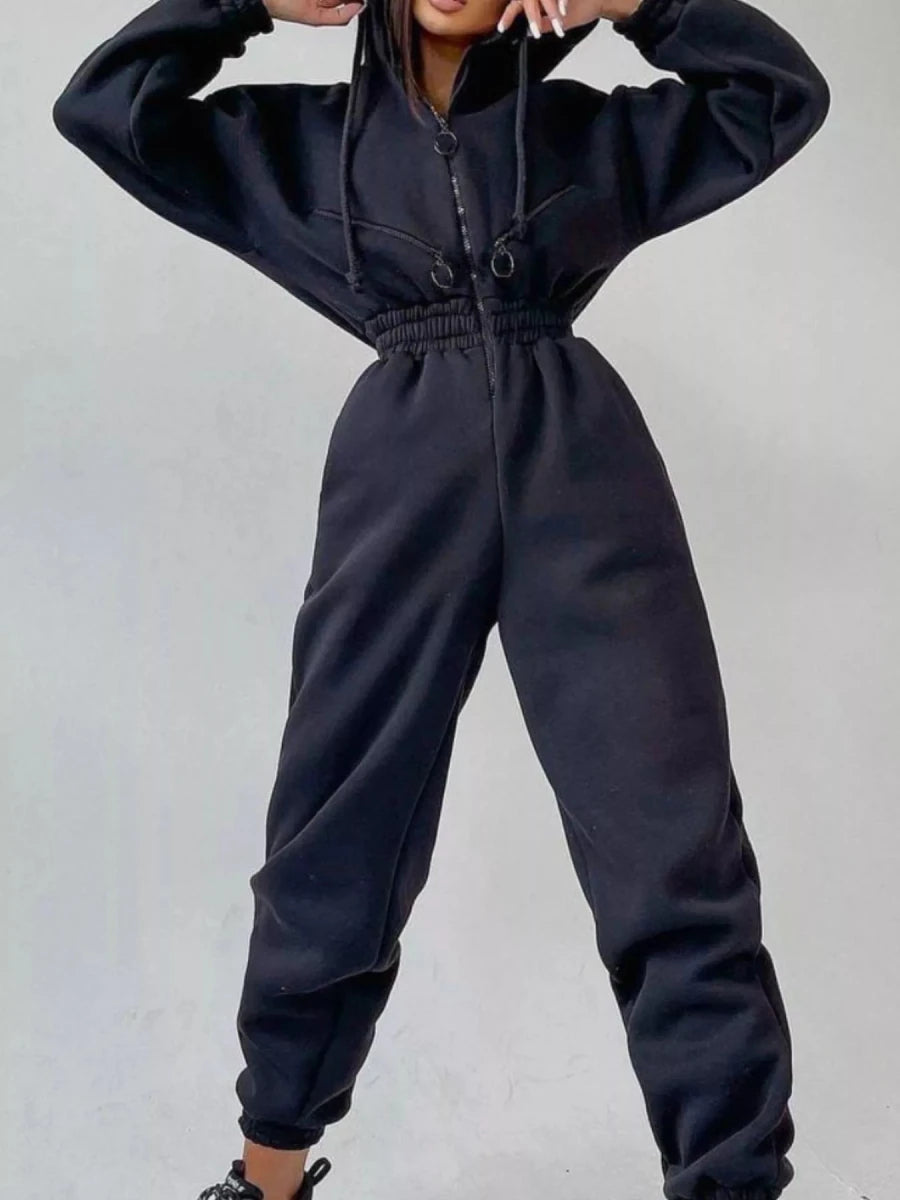 Hooded Zip-Up Long Sleeve Jumpsuit - cas7m