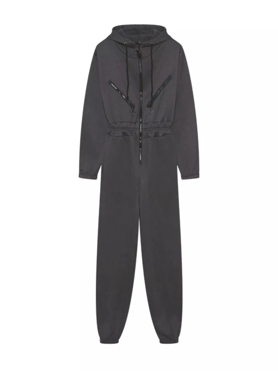 Hooded Zip-Up Long Sleeve Jumpsuit - cas7m