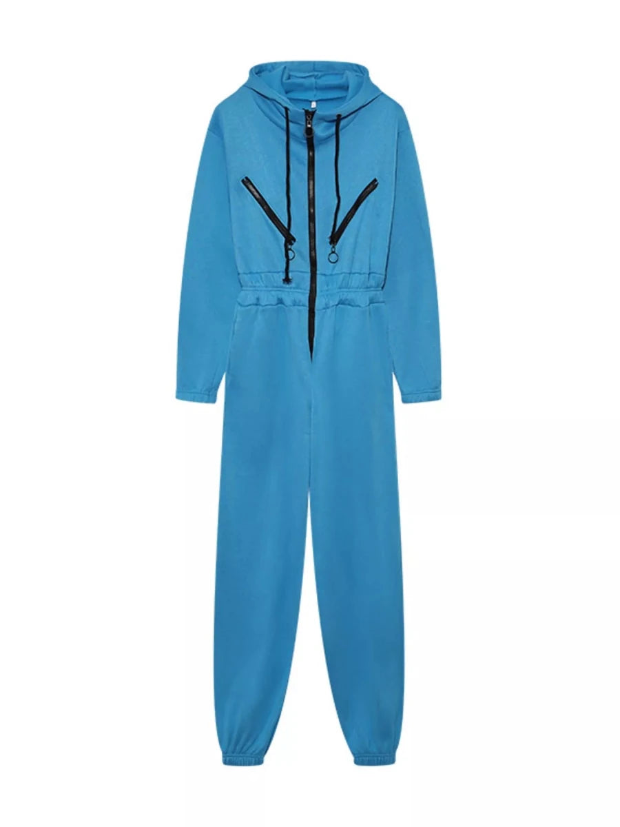 Hooded Zip-Up Long Sleeve Jumpsuit - cas7m