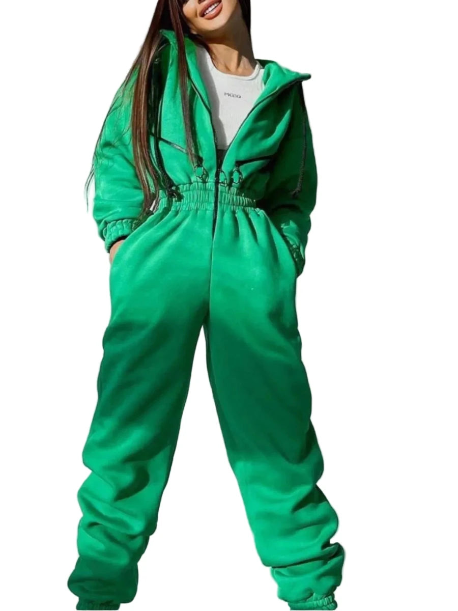 Hooded Zip-Up Long Sleeve Jumpsuit - cas7m