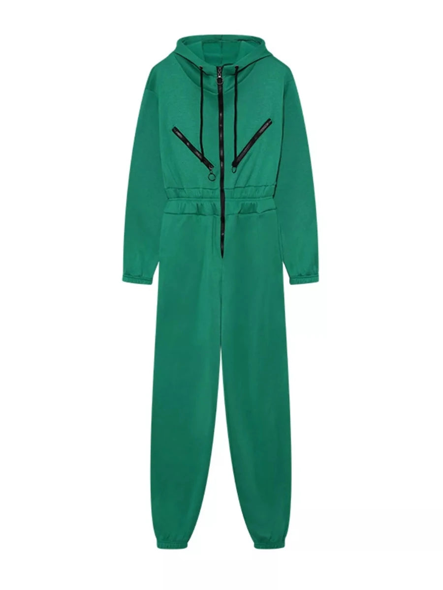 Hooded Zip-Up Long Sleeve Jumpsuit - cas7m