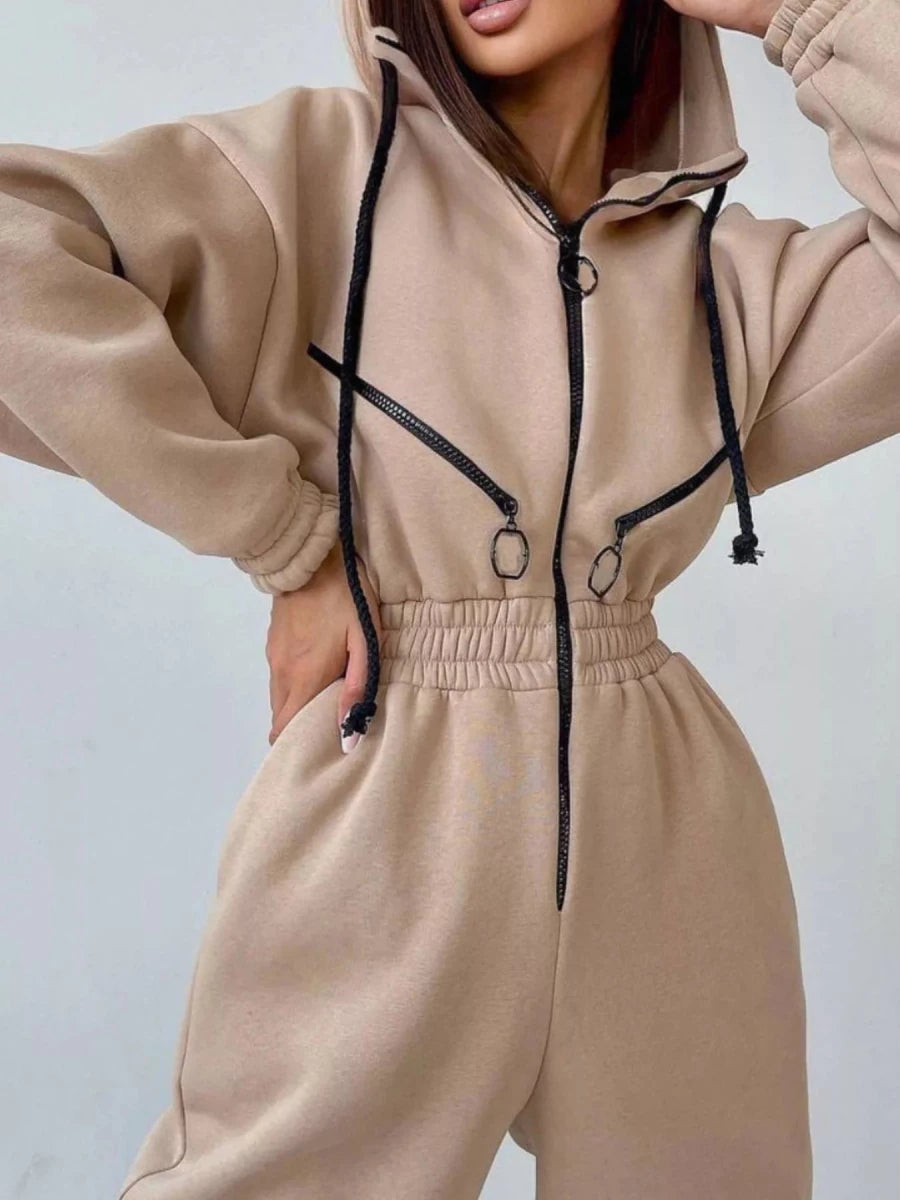 Hooded Zip-Up Long Sleeve Jumpsuit - cas7m