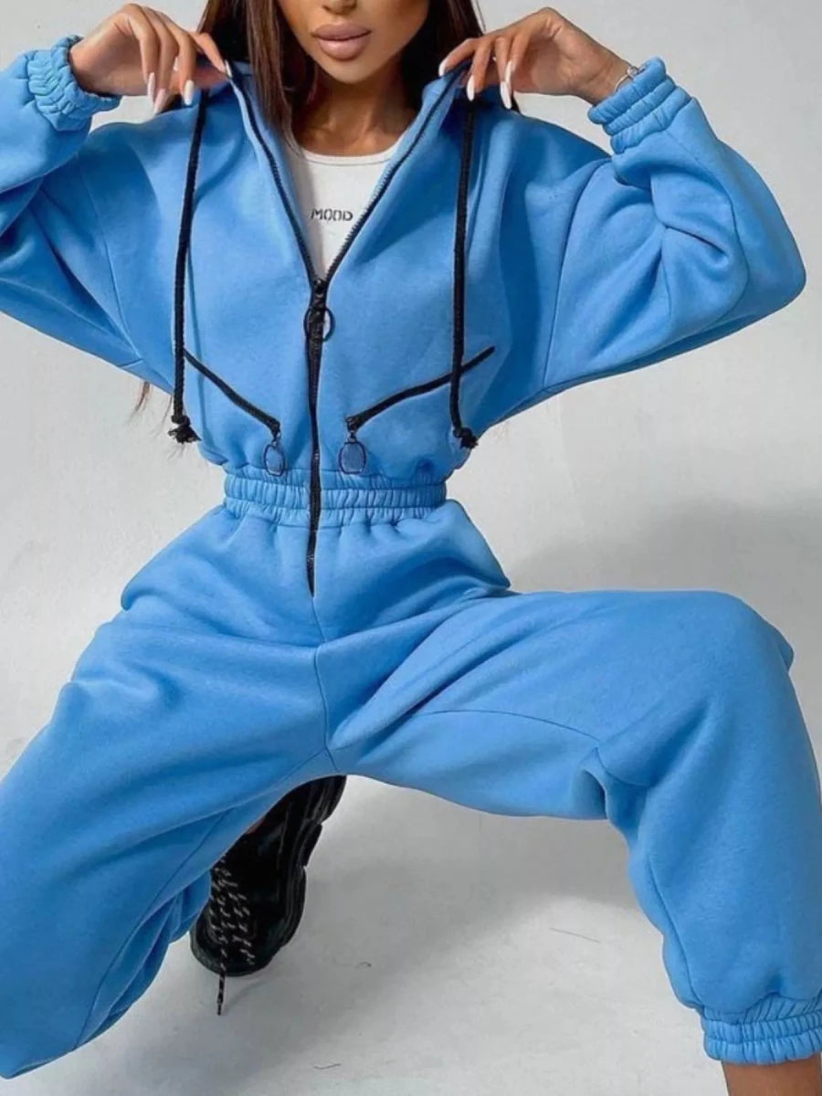 Hooded Zip-Up Long Sleeve Jumpsuit - cas7m