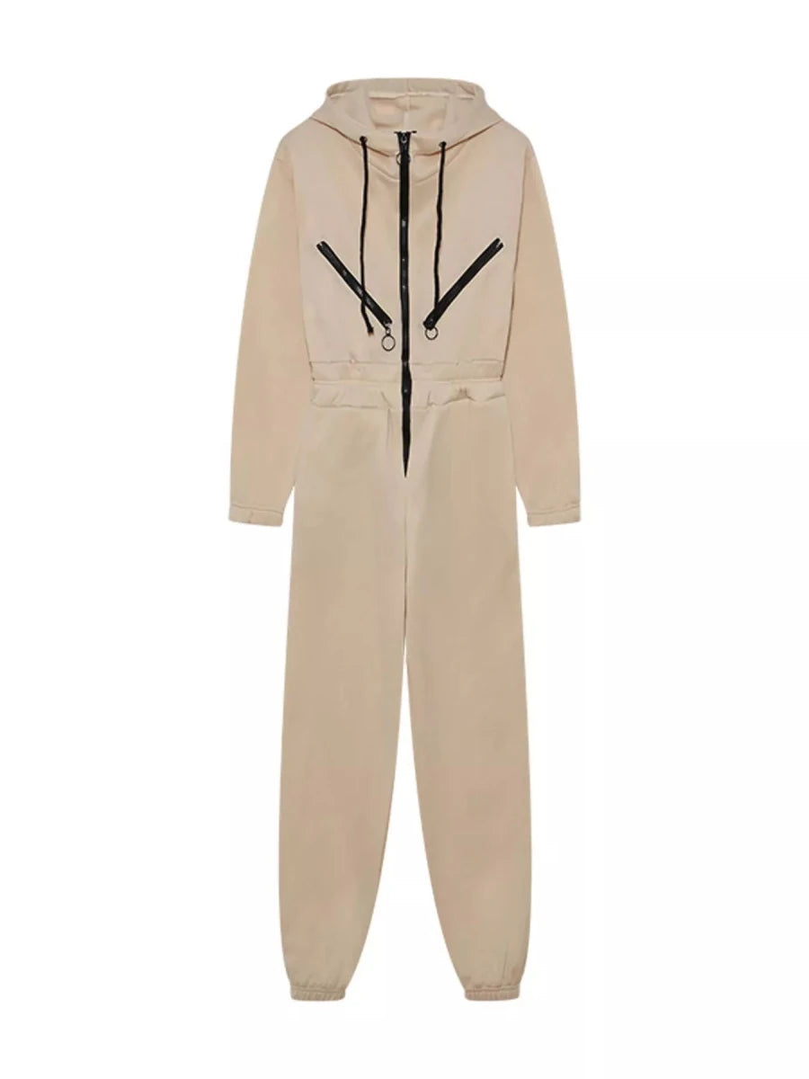 Hooded Zip-Up Long Sleeve Jumpsuit - cas7m