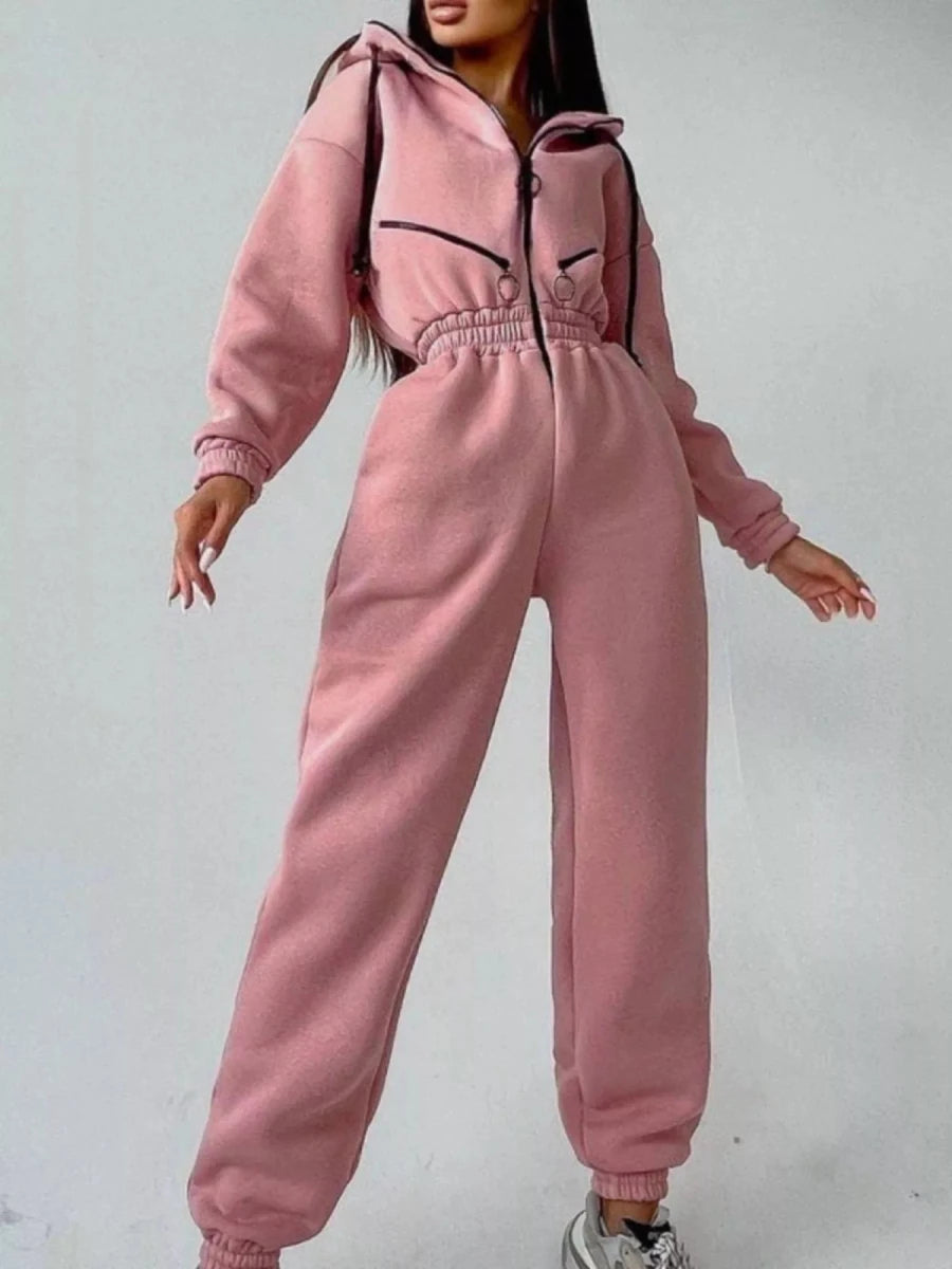 Hooded Zip-Up Long Sleeve Jumpsuit - cas7m