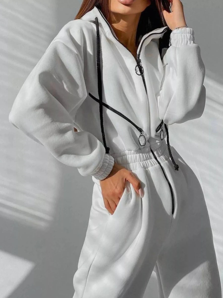 Hooded Zip-Up Long Sleeve Jumpsuit - cas7m