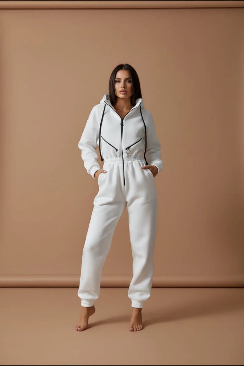 Hooded Zip-Up Long Sleeve Jumpsuit - cas7m