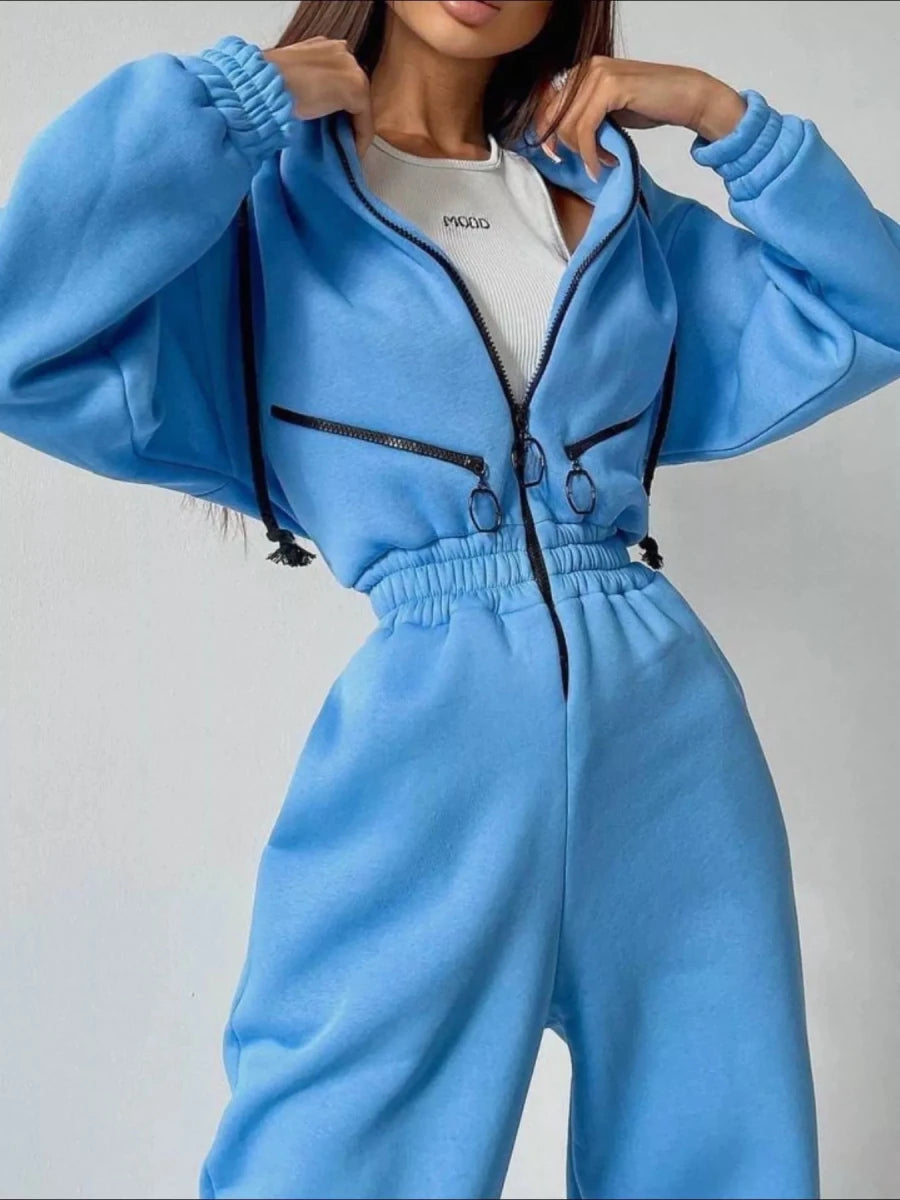Hooded Zip-Up Long Sleeve Jumpsuit - cas7m