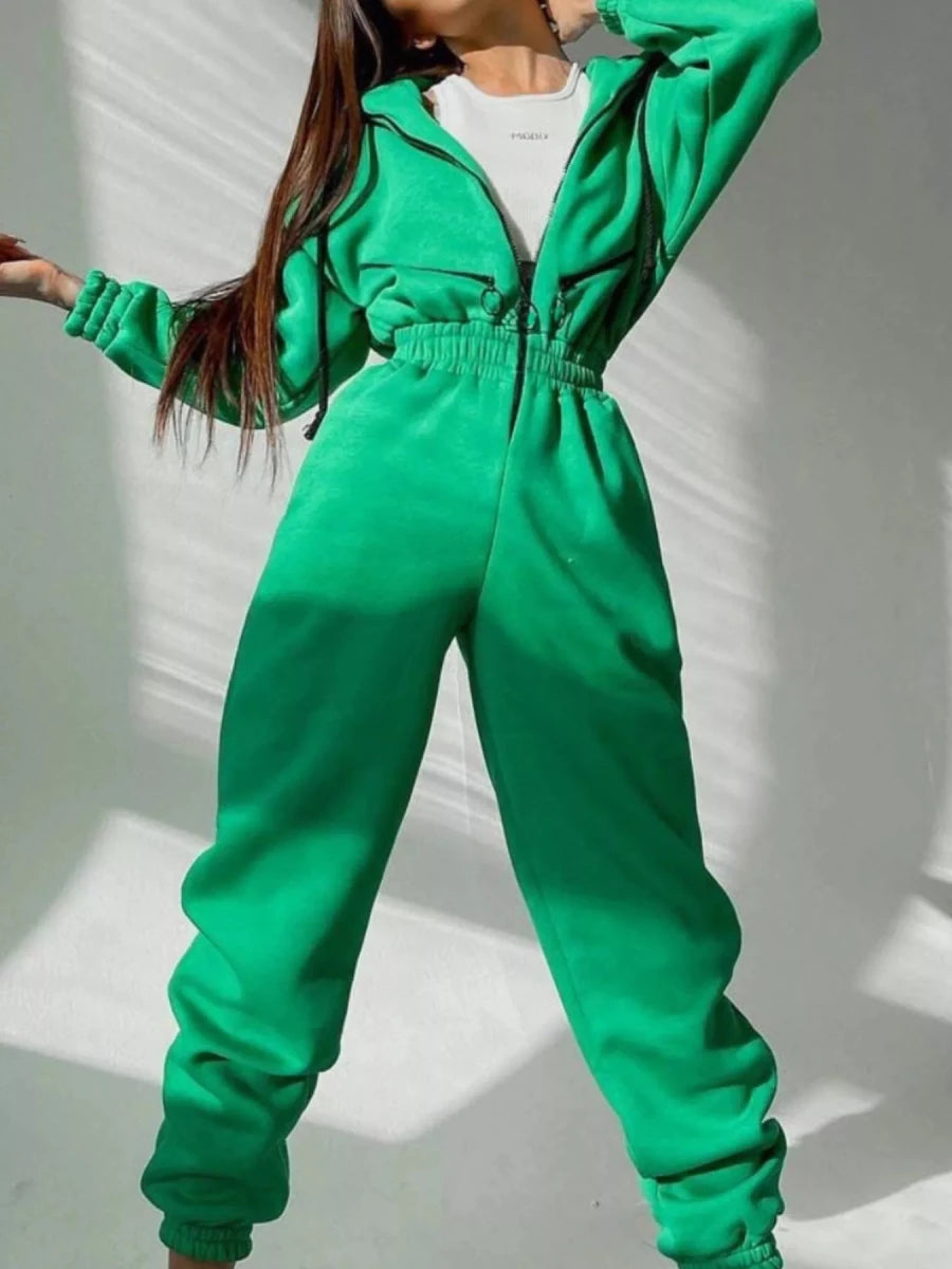 Hooded Zip-Up Long Sleeve Jumpsuit - cas7m
