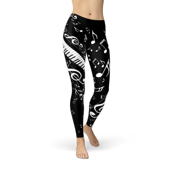 Womens Piano Notes Black Leggings - cas7m