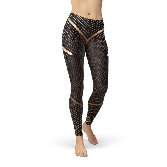 Womens Striped Lines Sports Brown Leggings - cas7m