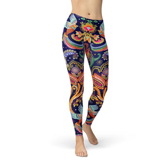 Womens Ornamental Blue Paisley Leggings - cas7m