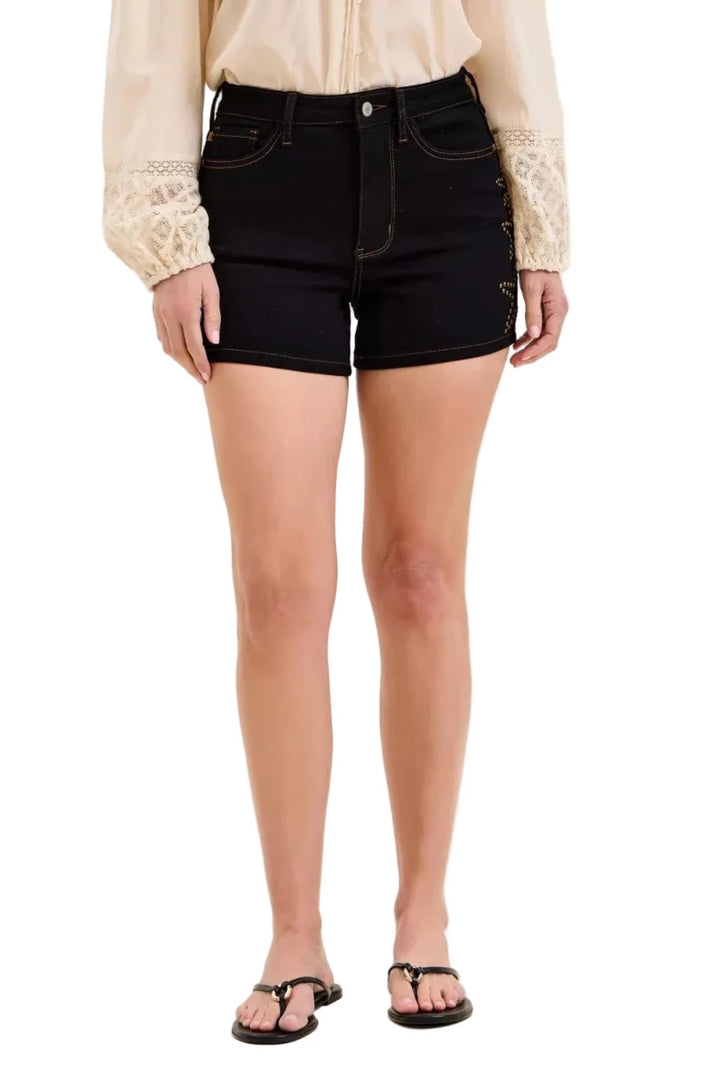 Judy Blue High Waist Slim Denim Short with Star Studded - cas7m
