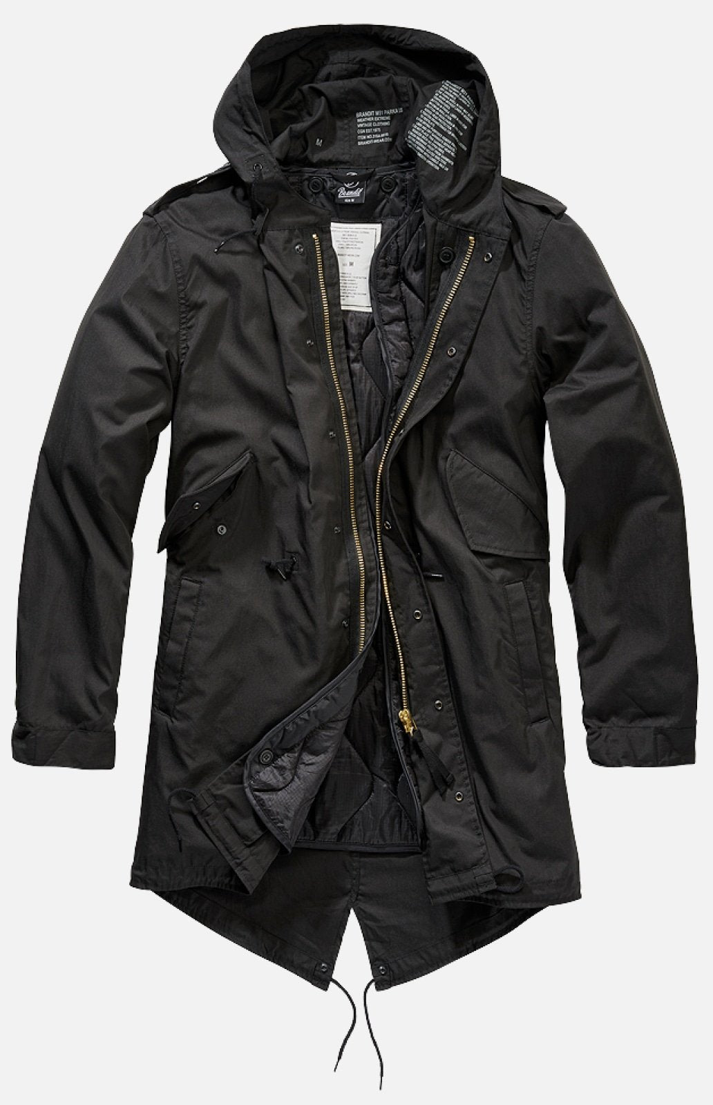 The Callisto M51 US Parka Jacket in black features a military style with multiple pockets, front zipper, snap buttons, hem drawstrings, and a visible inner quilted lining. It's displayed laid flat on a light background.