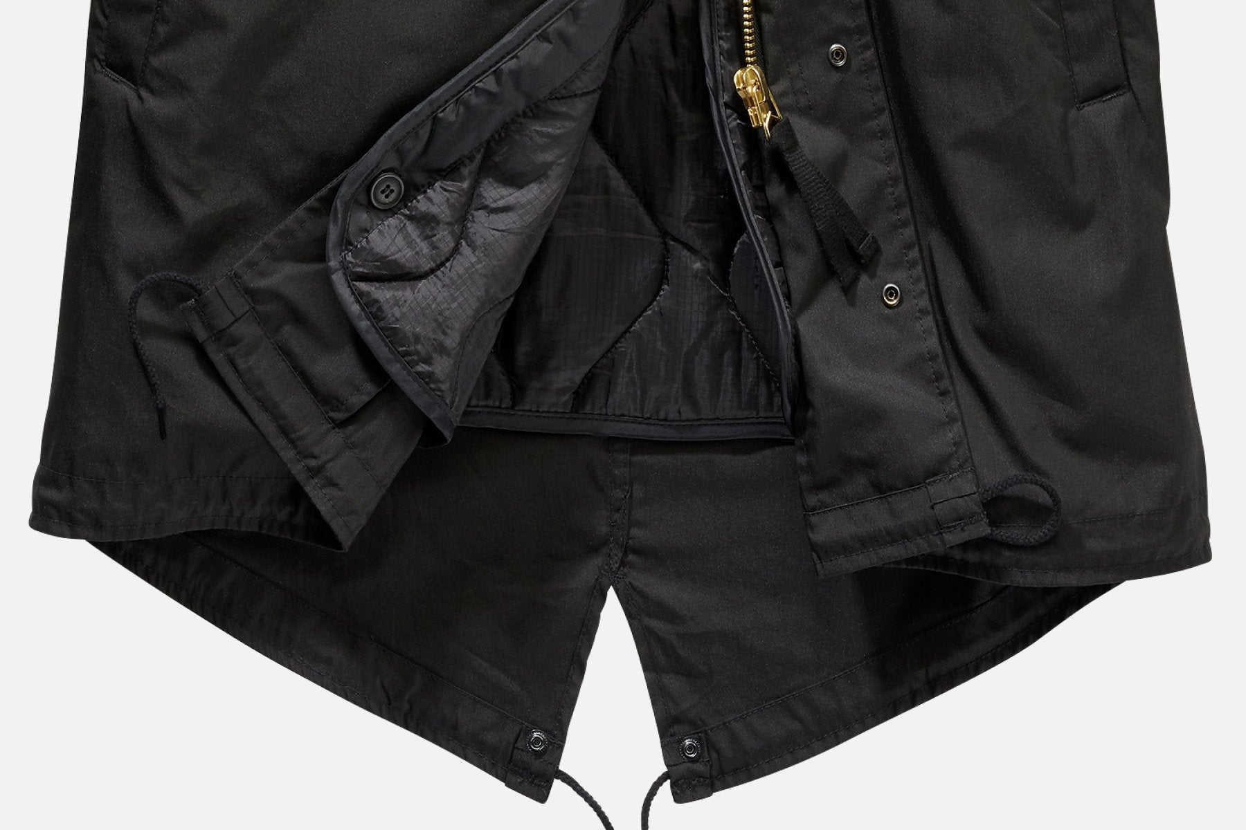 Close-up of the M51 US Parka Jacket by Callisto, showing the open front, removable thermal lining, button details, gold zipper, and adjustable drawstring hems at the back.