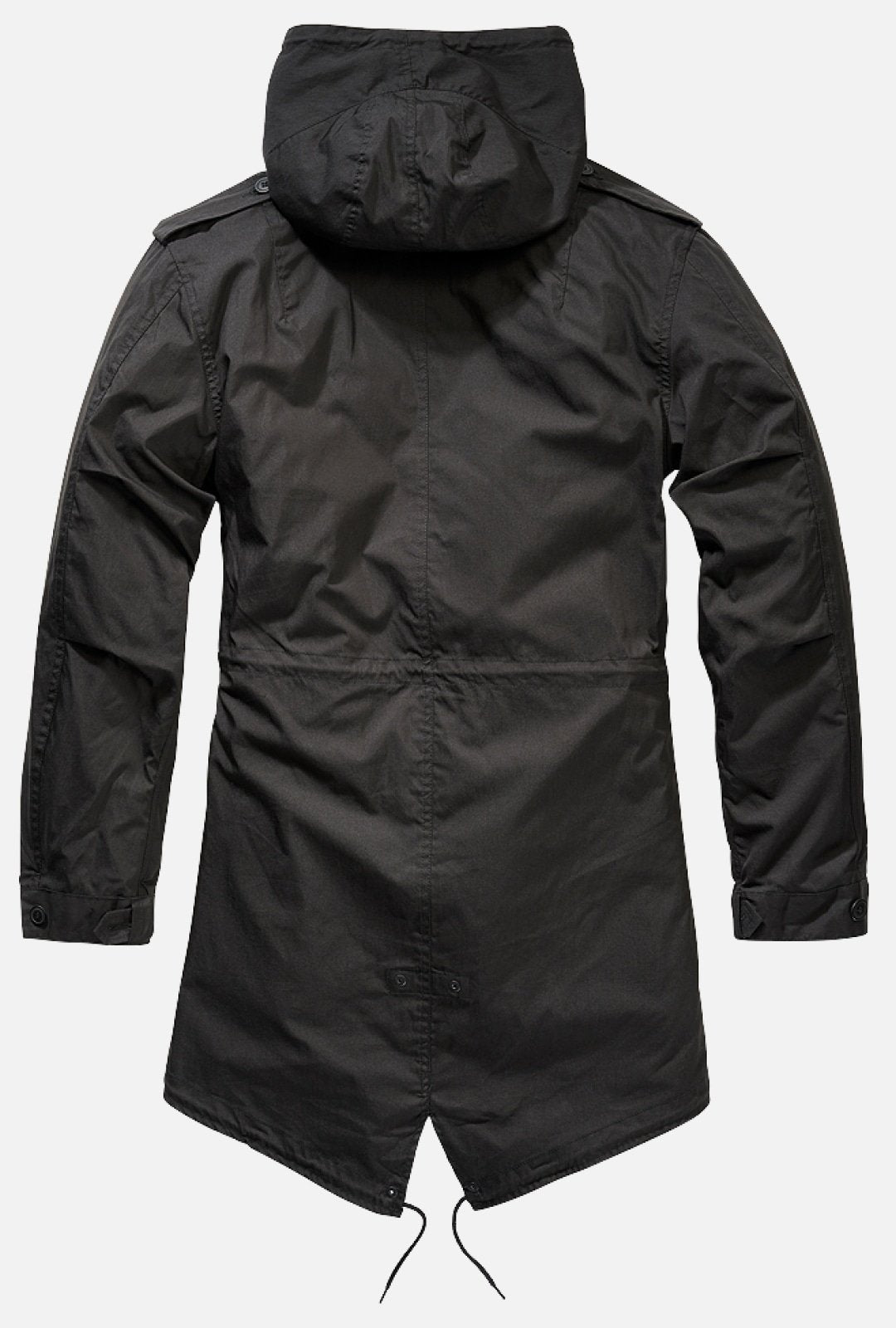 The Callisto M51 US Parka Jacket is shown from the back, with a black hood, drawstring hem, shoulder epaulets, adjustable cuffs, and authentic European brand detailing that adds a military-inspired touch.