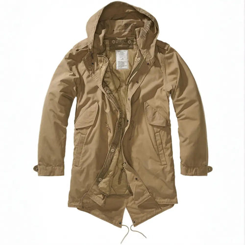 The Callisto M51 US Parka Jacket in tan features a military style with front zipper and button closures, two large pockets, adjustable waist drawstring, fishtail hem, and removable thermal lining, shown against a white background.