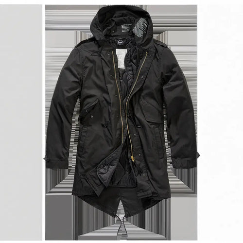 The Callisto M51 US Parka Jacket is a black, military-style hooded parka with a fishtail hem, zippered front, and multiple pockets. Featured laid flat on a white background.
