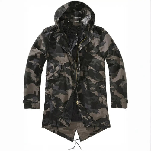 The Callisto M51 US Parka Jacket is a hooded, long camouflage military-style coat with zip and snap front, adjustable cuffs, removable thermal lining, and hem drawstrings, shown on a plain white background.