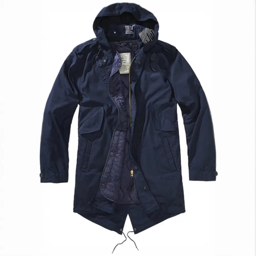 The Callisto M51 US Parka Jacket is a navy blue, military-style parka with zip and snap closure, large front pockets, adjustable cuffs, drawstring hem, and a removable thermal lining. Shown laid flat on a white background.