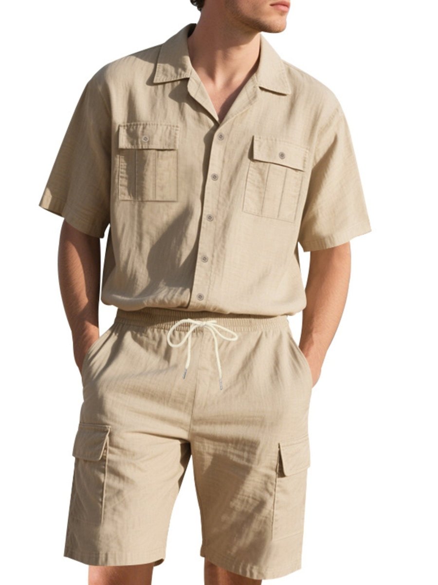 Men's Full Size Button Up Shirt and Shorts Set Plus Size - cas7m
