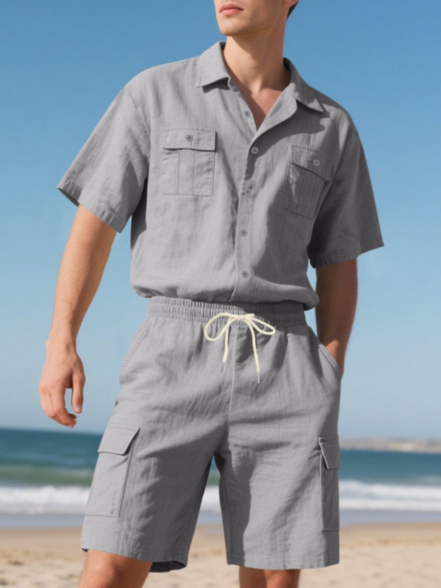 Men's Full Size Button Up Shirt and Shorts Set Plus Size - cas7m