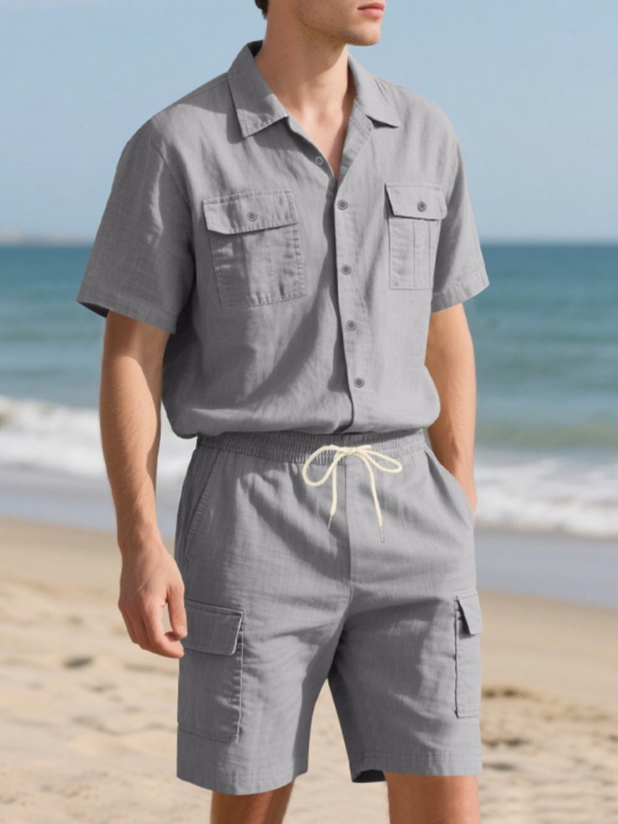 Men's Full Size Button Up Shirt and Shorts Set Plus Size - cas7m